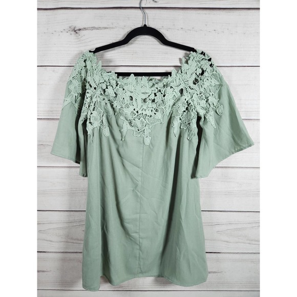 Umgee Mini Dress Off the Shoulder Floral Crochet Detail Light‎ Green M - Picture 2 of 6